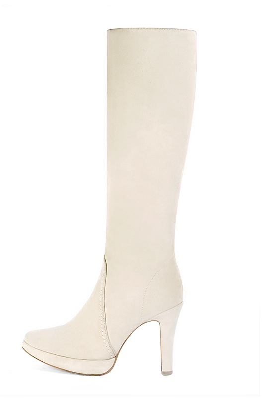 Off white women's feminine knee-high boots. Round toe. Very high slim heel with a platform at the front. Made to measure. Profile view - Florence KOOIJMAN